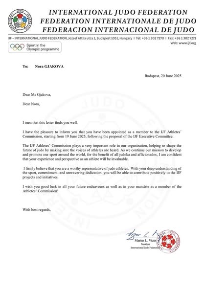 Nora Gjakova bëhet anëtare e Komisionit të Sportistëve të IJF-së