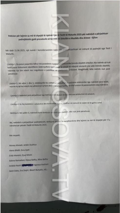 21 maturantë nga Gjilani thonë se u larguan padrejtësisht nga Provimi i Maturës, paralajmërojnë ankesë në MAShTI